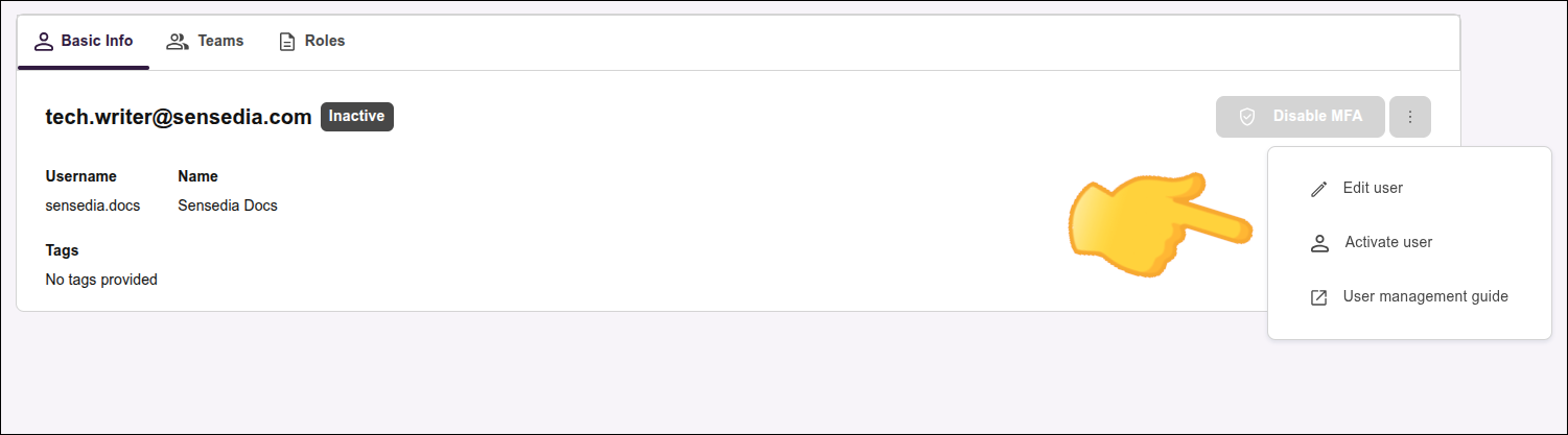 highlight of the actions menu on the user editing screen