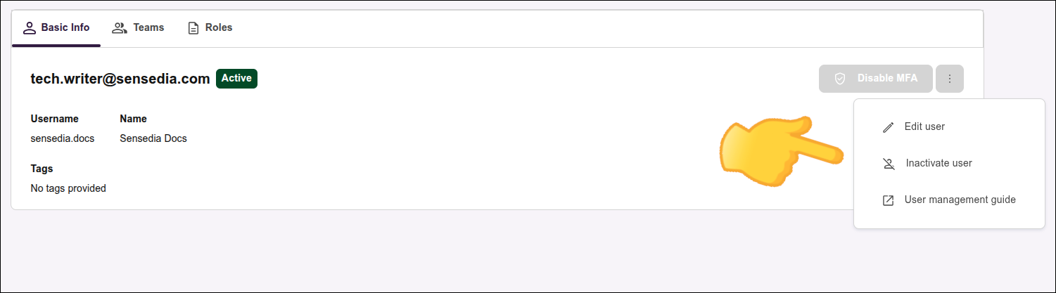 highlight of the actions menu on the user editing screen