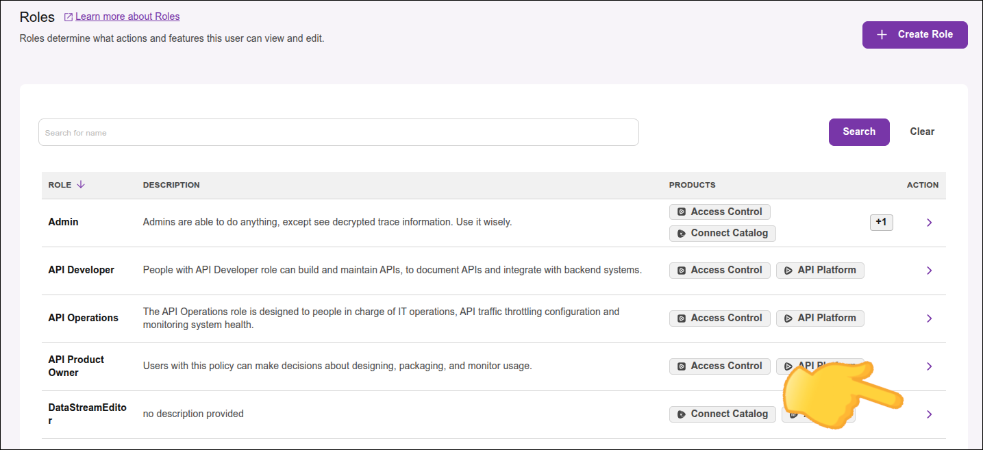 roles screen with the actions button