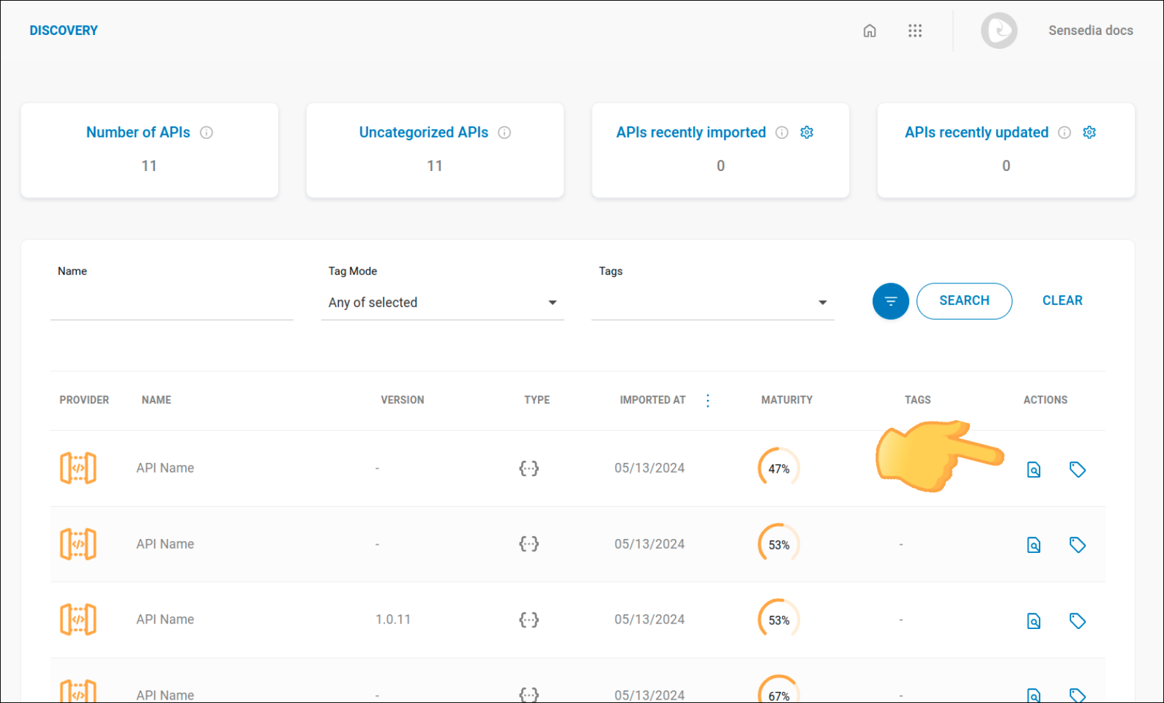 “screen with list of APIs and indication of where to click to see details for the selected API”