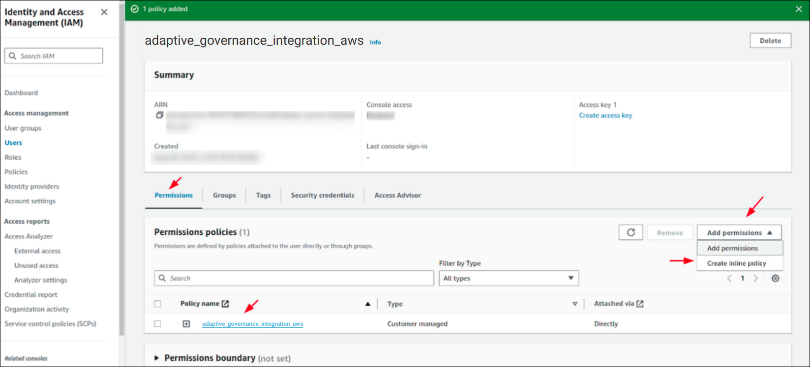 AWS management panel screen with the Permissions tab and Add permissions button highlighted