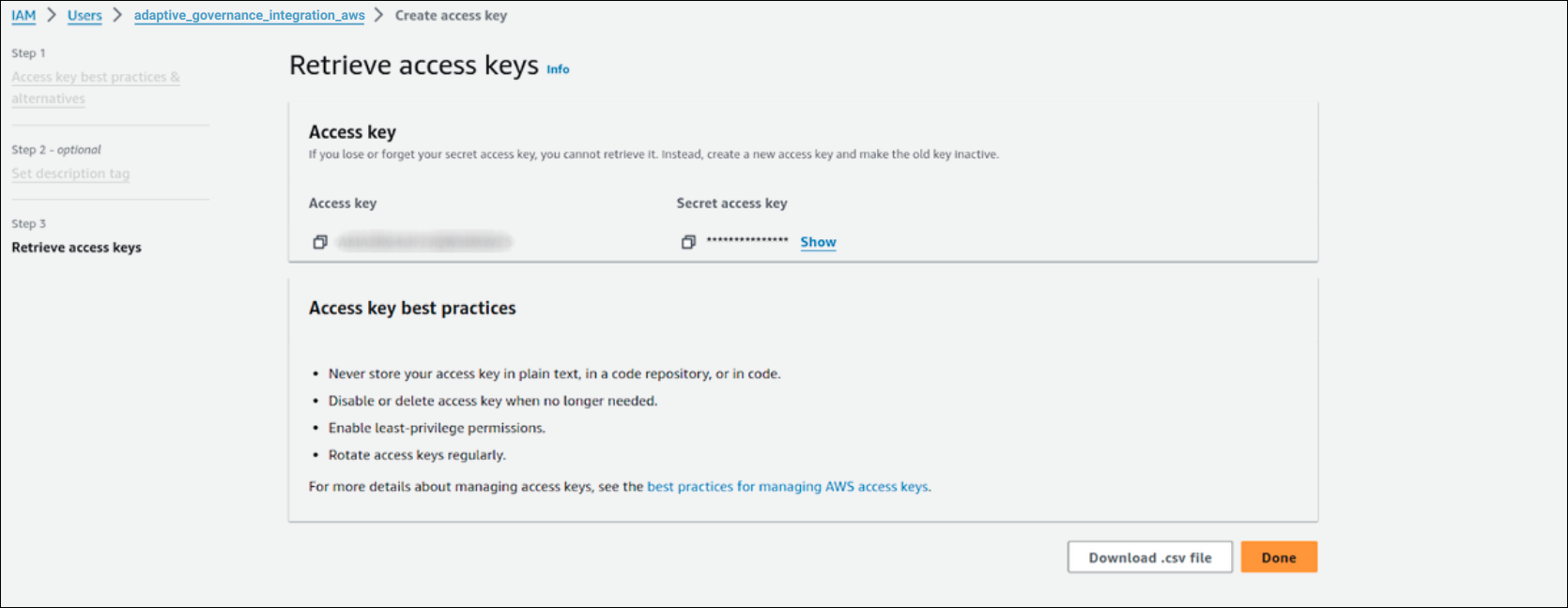 Retrieve access key screen