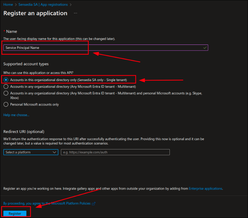 Azure screen for app registration creation