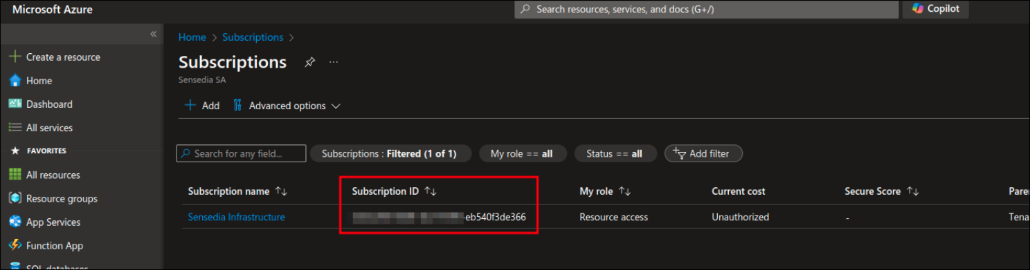 Azure screen for subscription ID creation