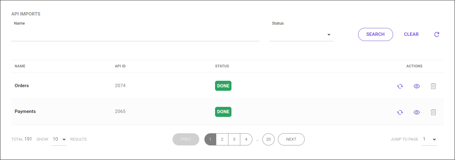 detail of the Connections screen with the api imports panel