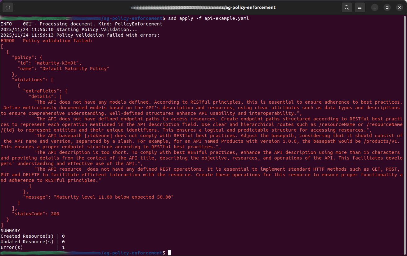 Sensedia CLI terminal with example of error message