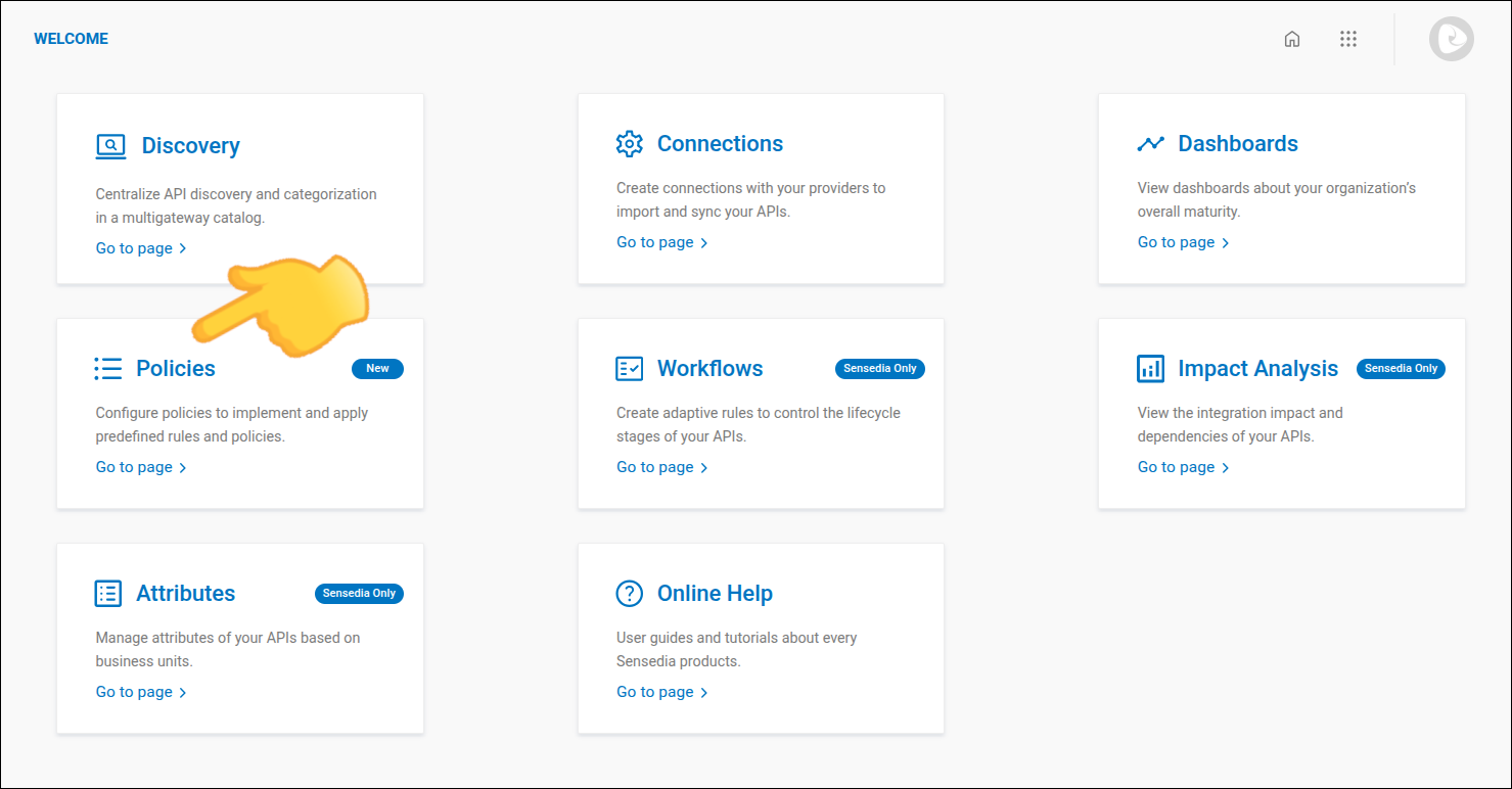 Adaptive Governance home screen with the Policies card highlighted