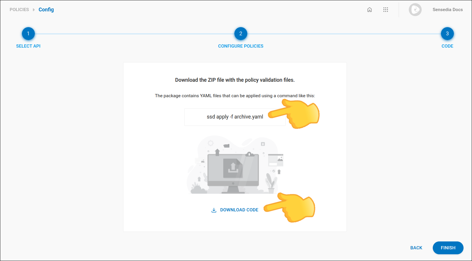 policies screen with the step to copy the command and download the .yaml file