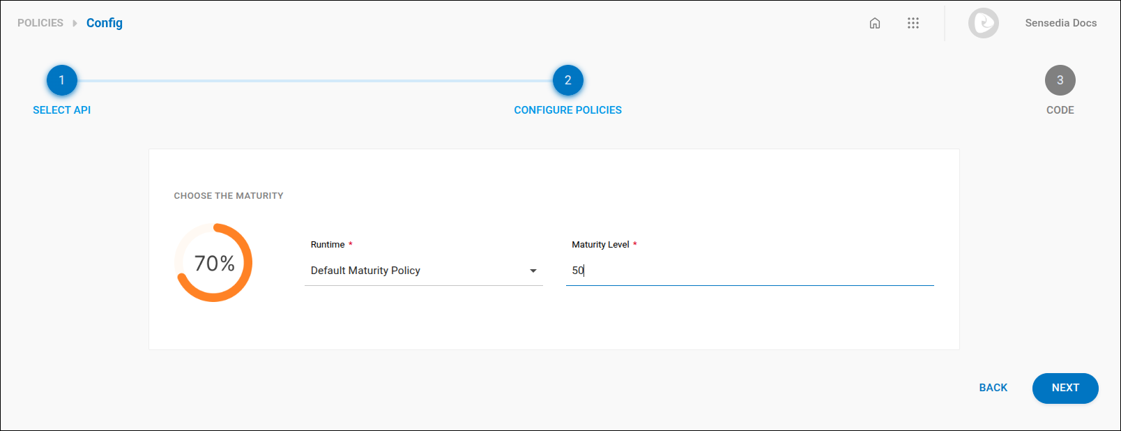 policies screen with the step for maturity level selection