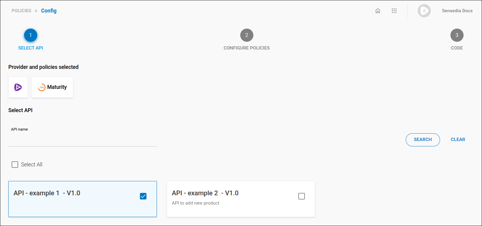 policies screen with the step for API selection