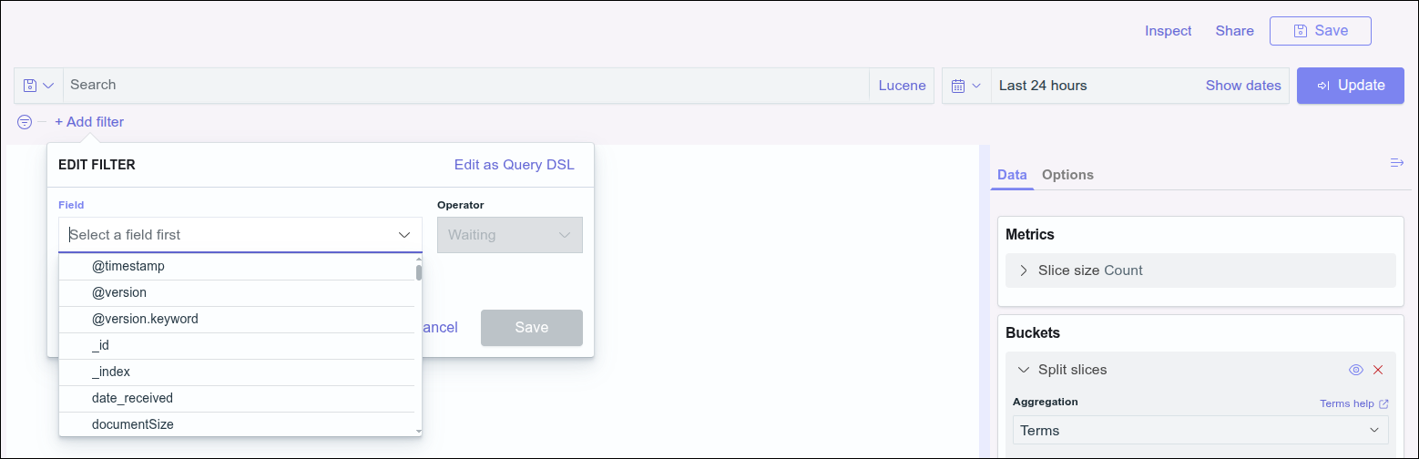 visualization screen showing add filter