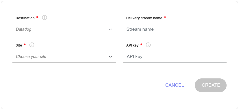 detail of the new datadog delivery stream creation screen