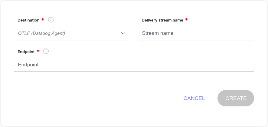 detail of the new OTLP Datadog Agent delivery stream creation screen