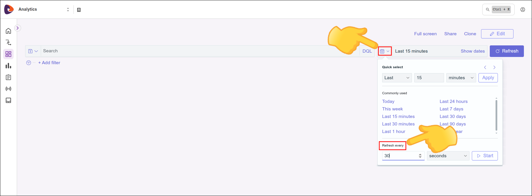 Example of the refresh configuration in the Dashboard