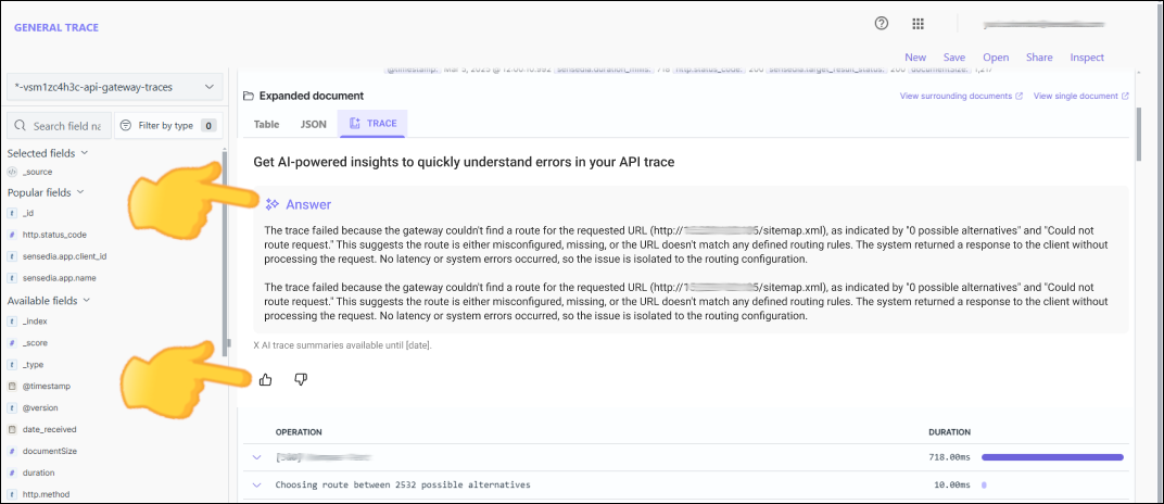 trace tab with emphasis on the AI-generated summary and feedback buttons