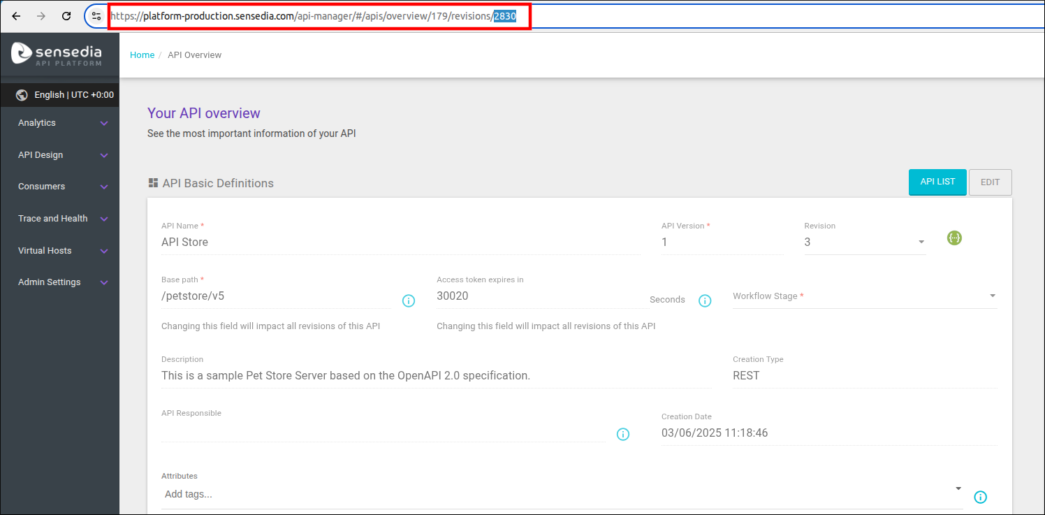 Example of how to obtain an API’s revision ID