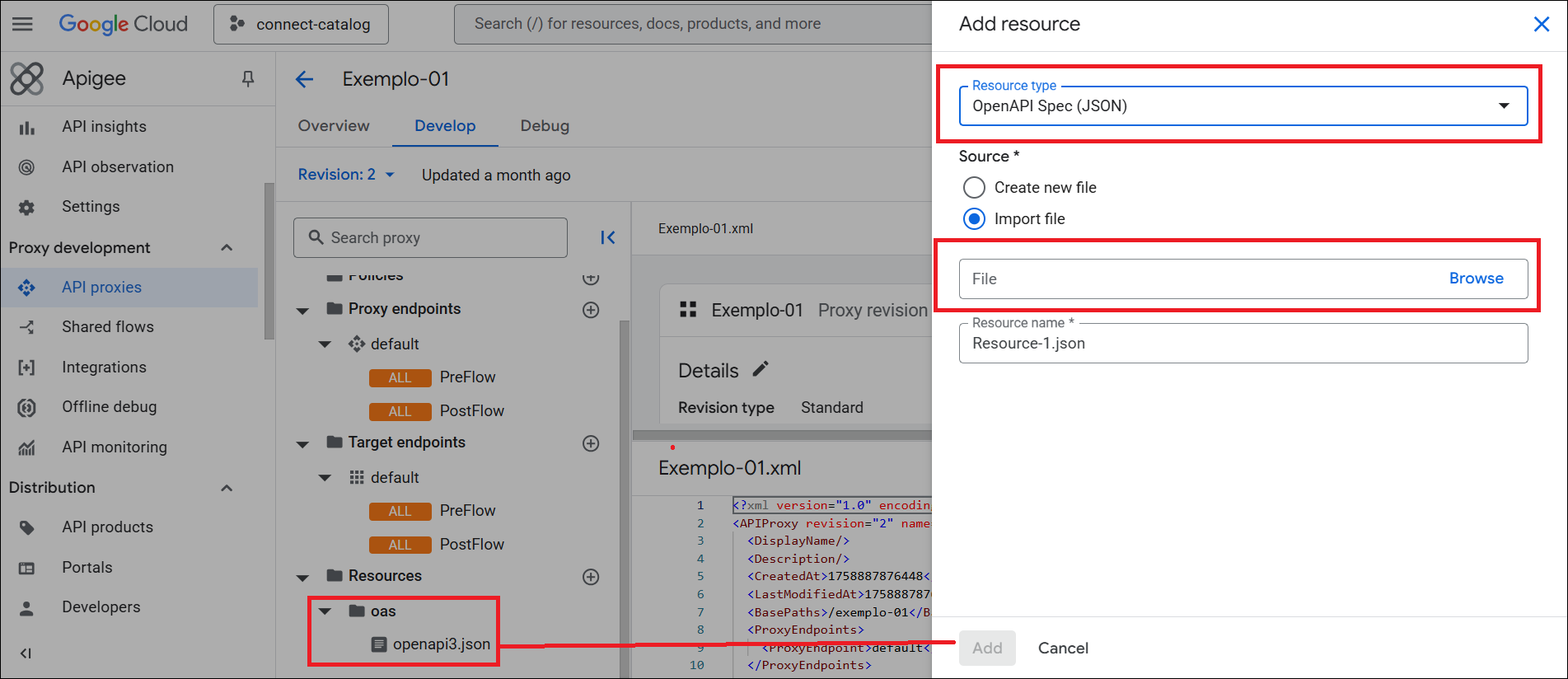 Apigee screen for attaching resources