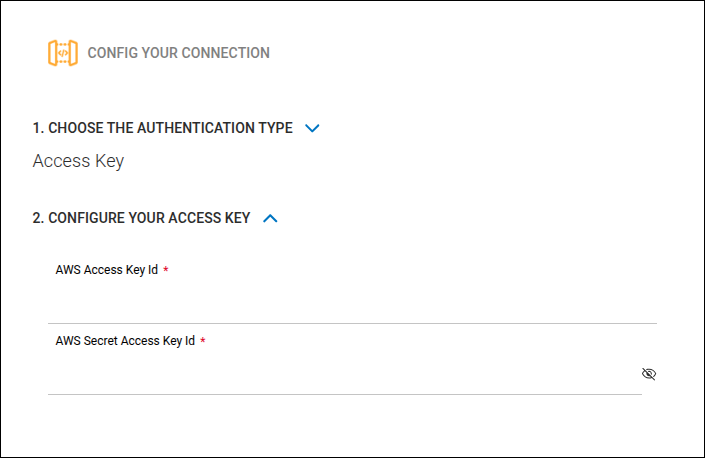 detail of the configuration screen with fields for AWS Access Key Id and AWS Secret Access Key Id