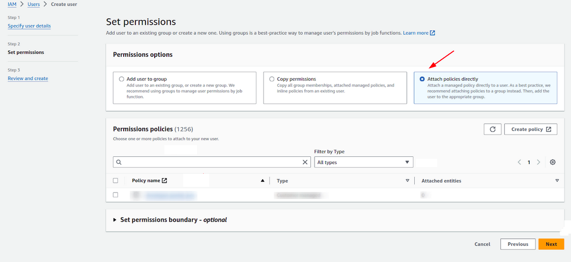 screenshot of the AWS panel highlighting the option to add <em>policies</em>