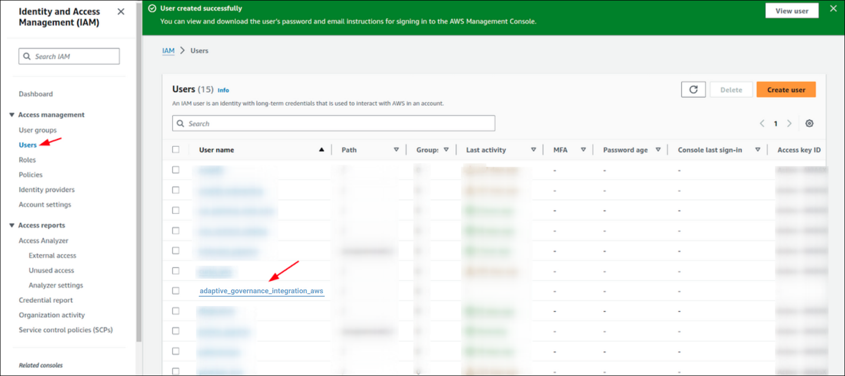 screenshot showing the created user in the user list