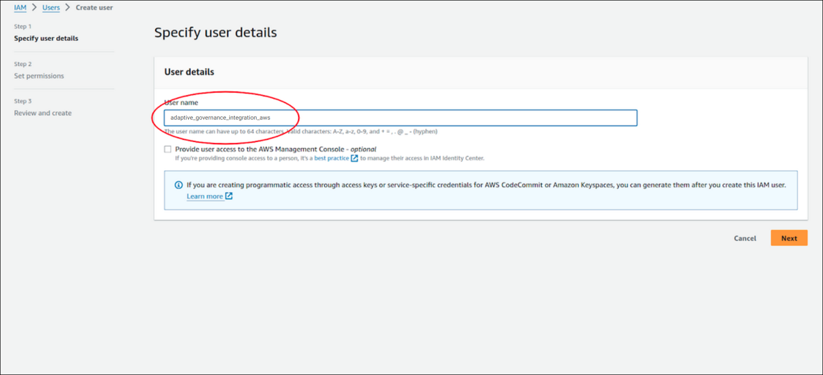 screenshot of the AWS management panel with emphasis on the user name field