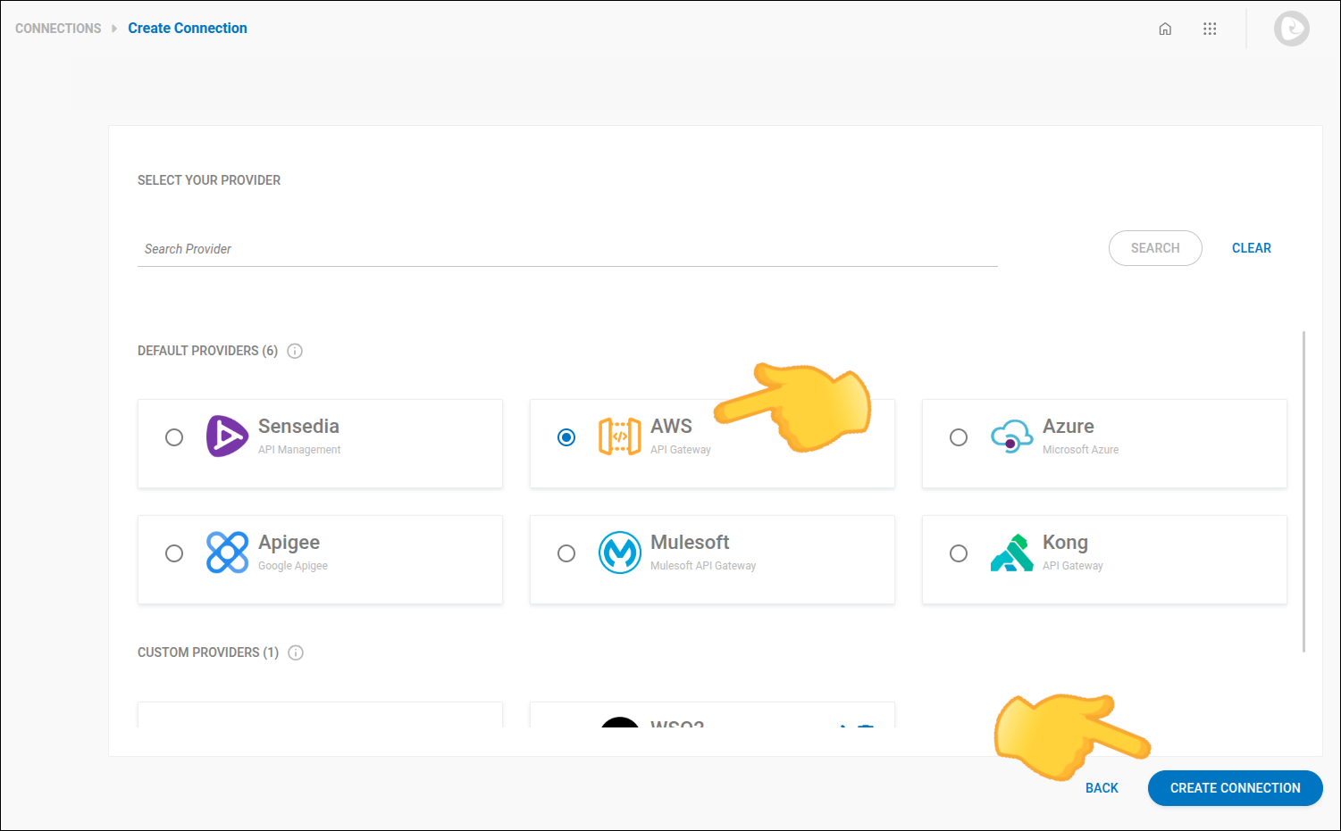 screenshot of the connection creation screen step 1