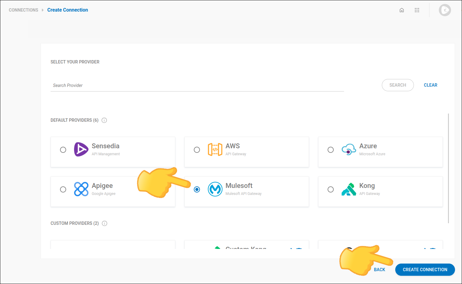 detail of the connection creation screen with step 1