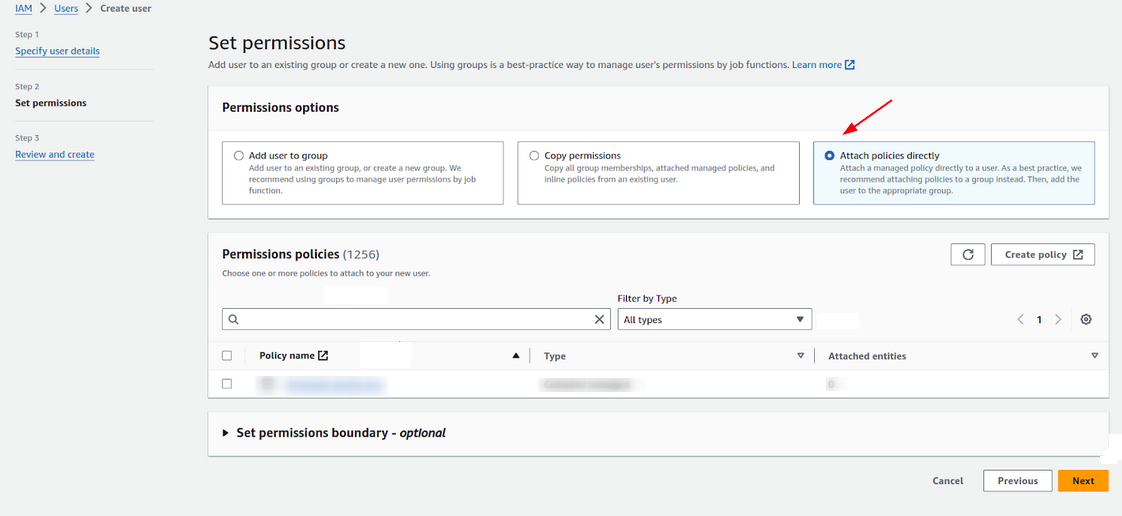 AWS management panel screen with highlight on adding policies