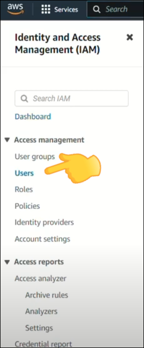 AWS management panel screen with highlight on the Users option