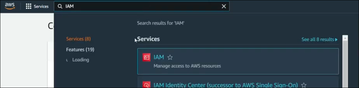 detail of the AWS Management Console search screen with the result for IAM search