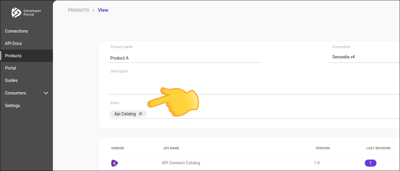 "Products screen with role highlighted