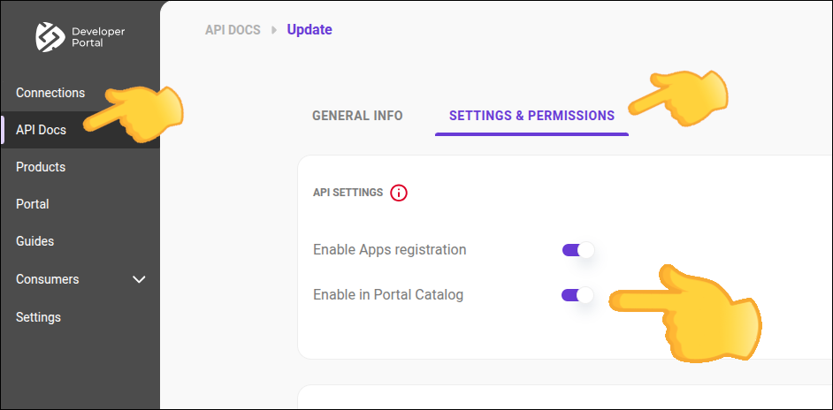 "API docs screen with the enable in Portal Catalog toggle highlighted