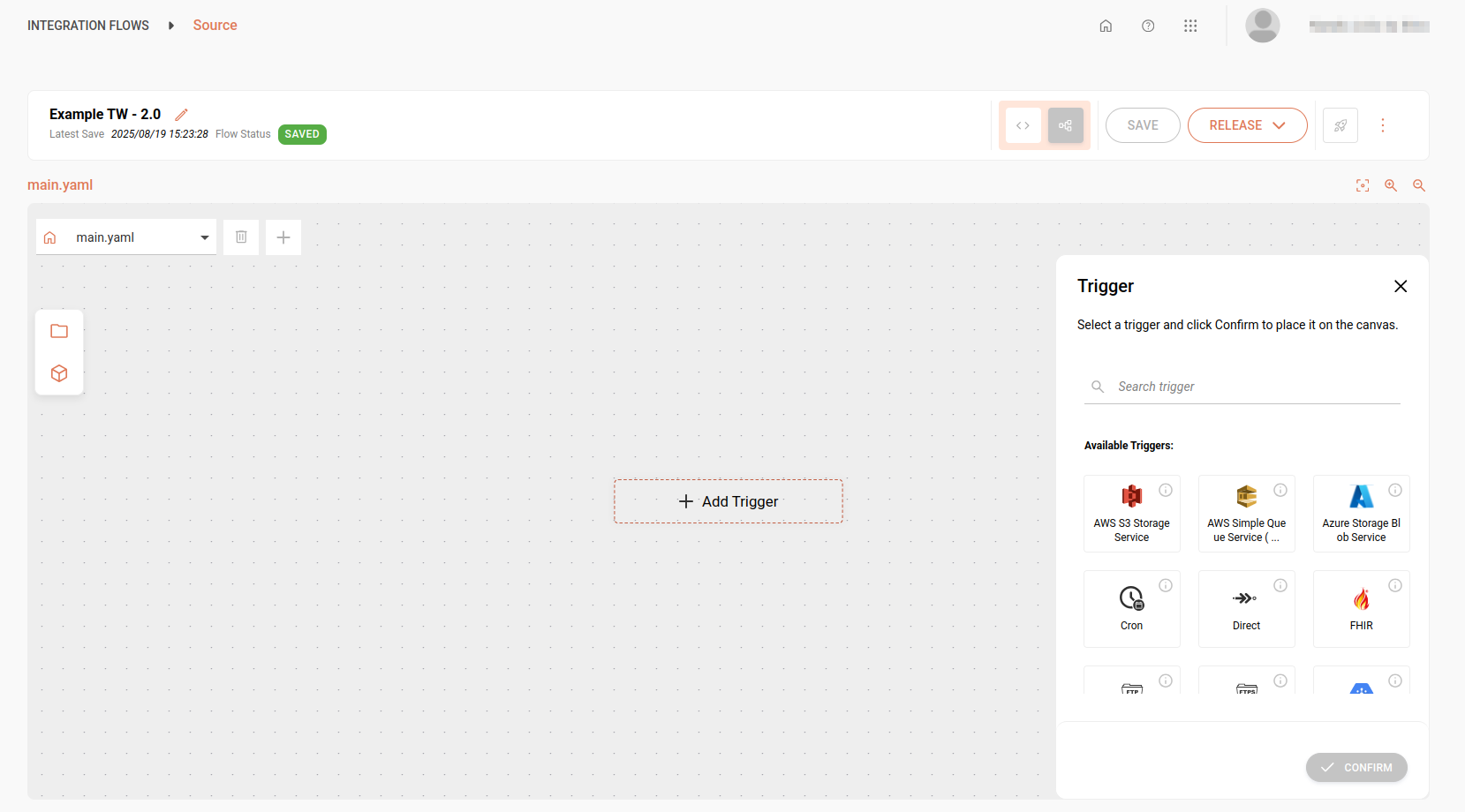 Source screen with the canvas displaying the available triggers