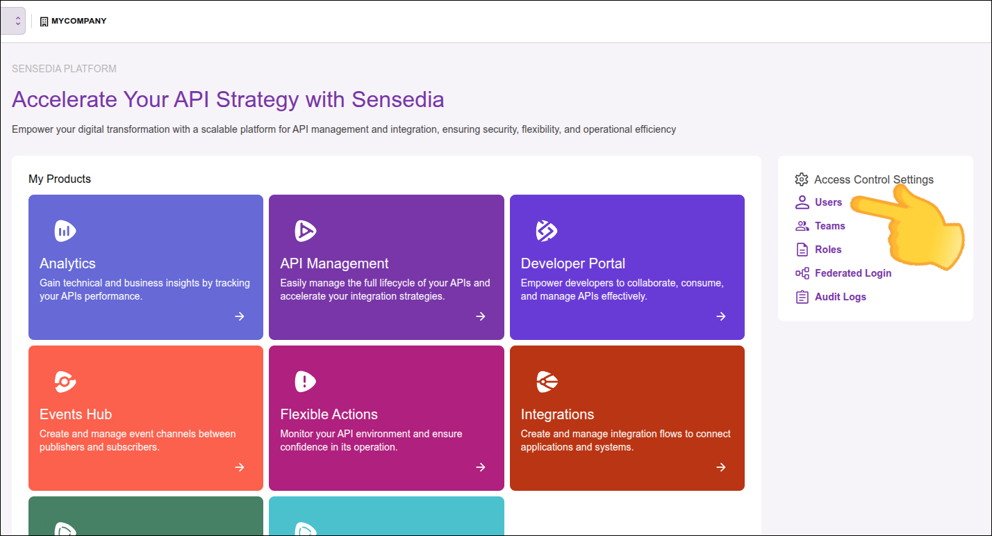 destaque para o link Users na tela inicial da Plataforma