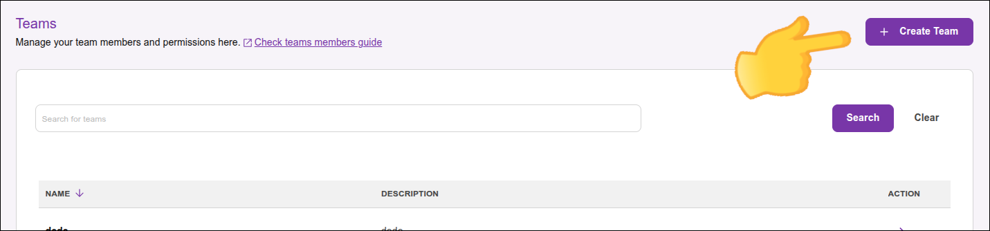 destaque para o botão Create Team na tela Teams