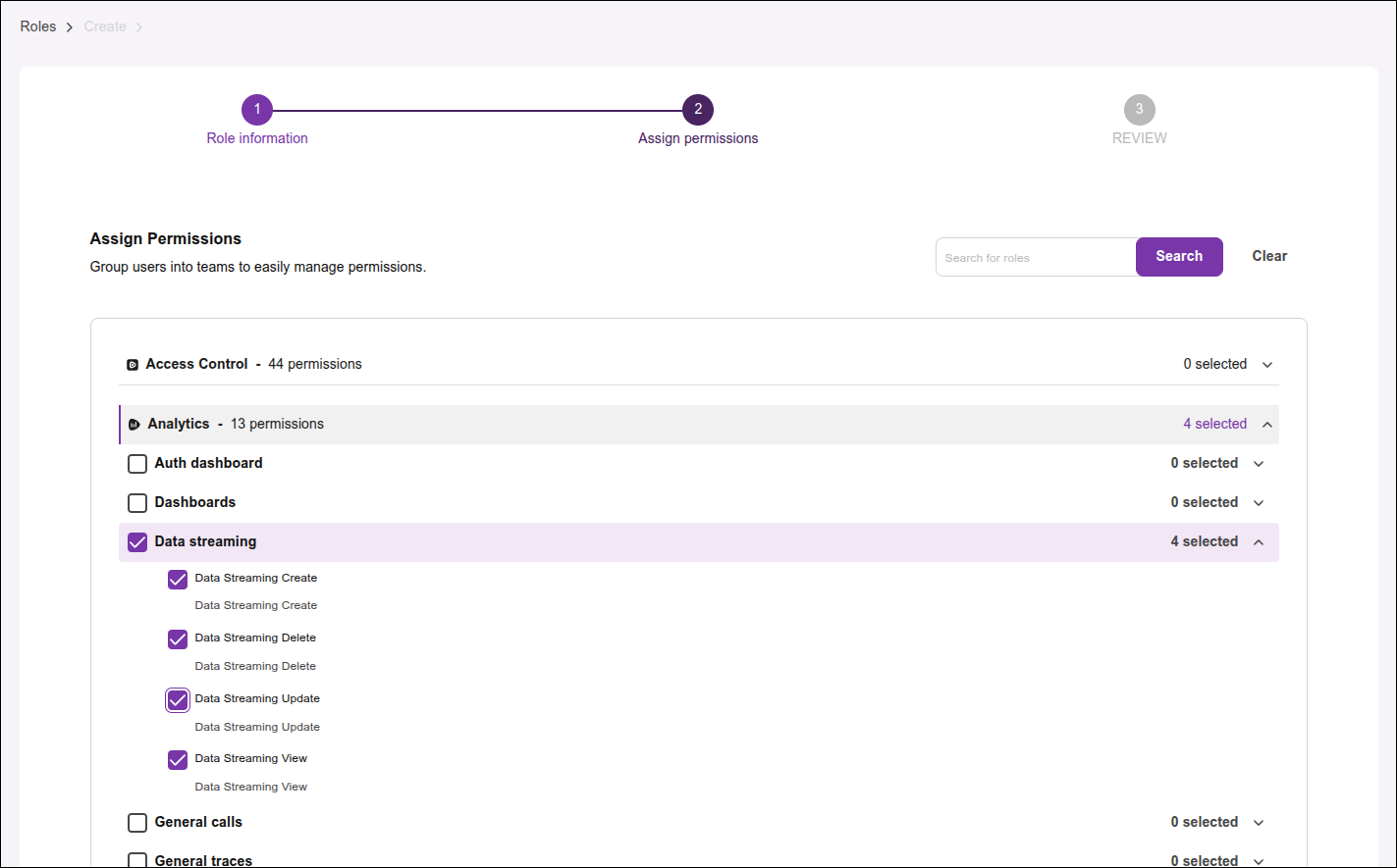 parte da tela permissions com as permissões Data Streaming view, create, update e delete selecionadas