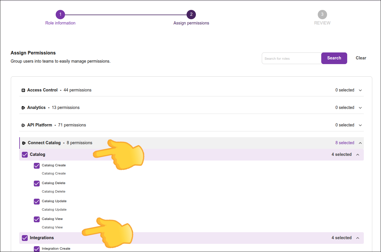 tela permissions com a permissão Connect Catalog selecionada
