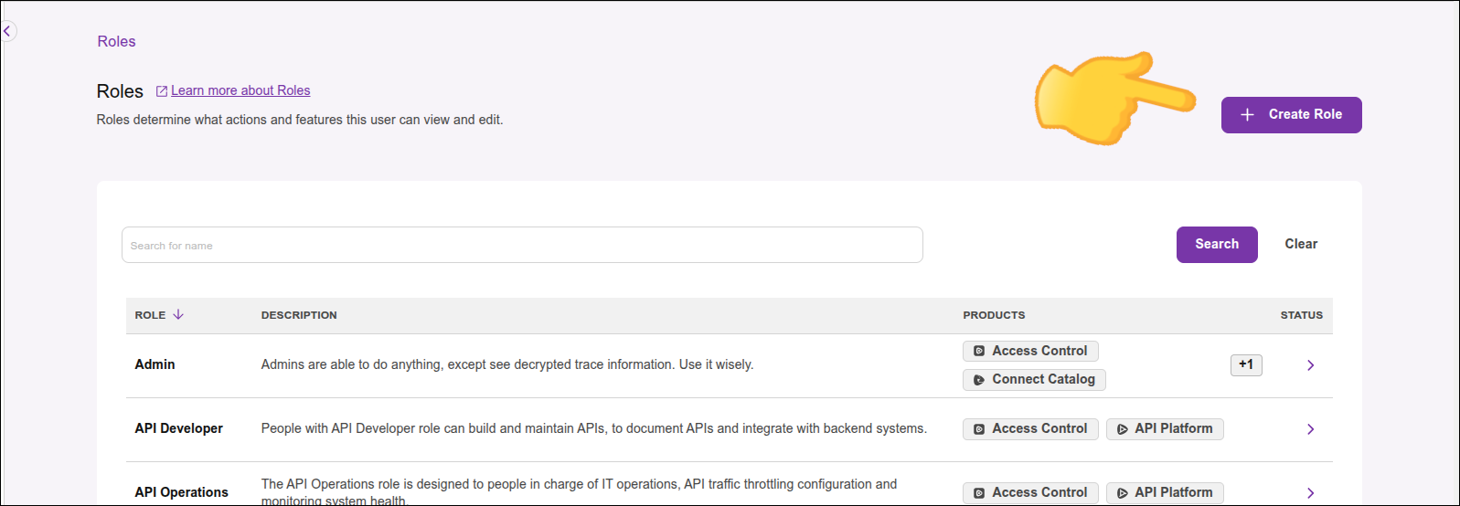 tela roles com o botão create role