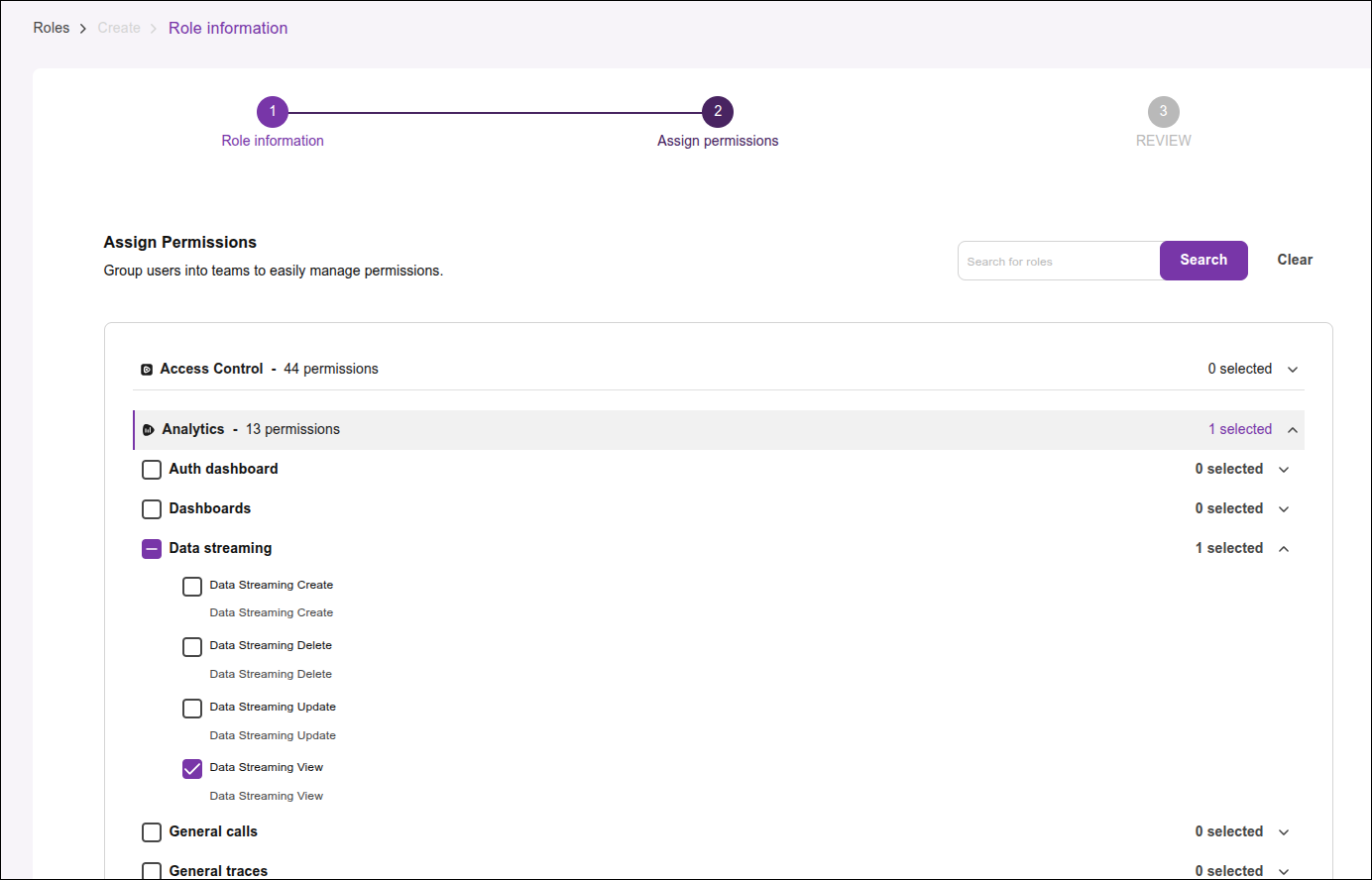 tela permissions com a permissão Data Streaming view selecionada