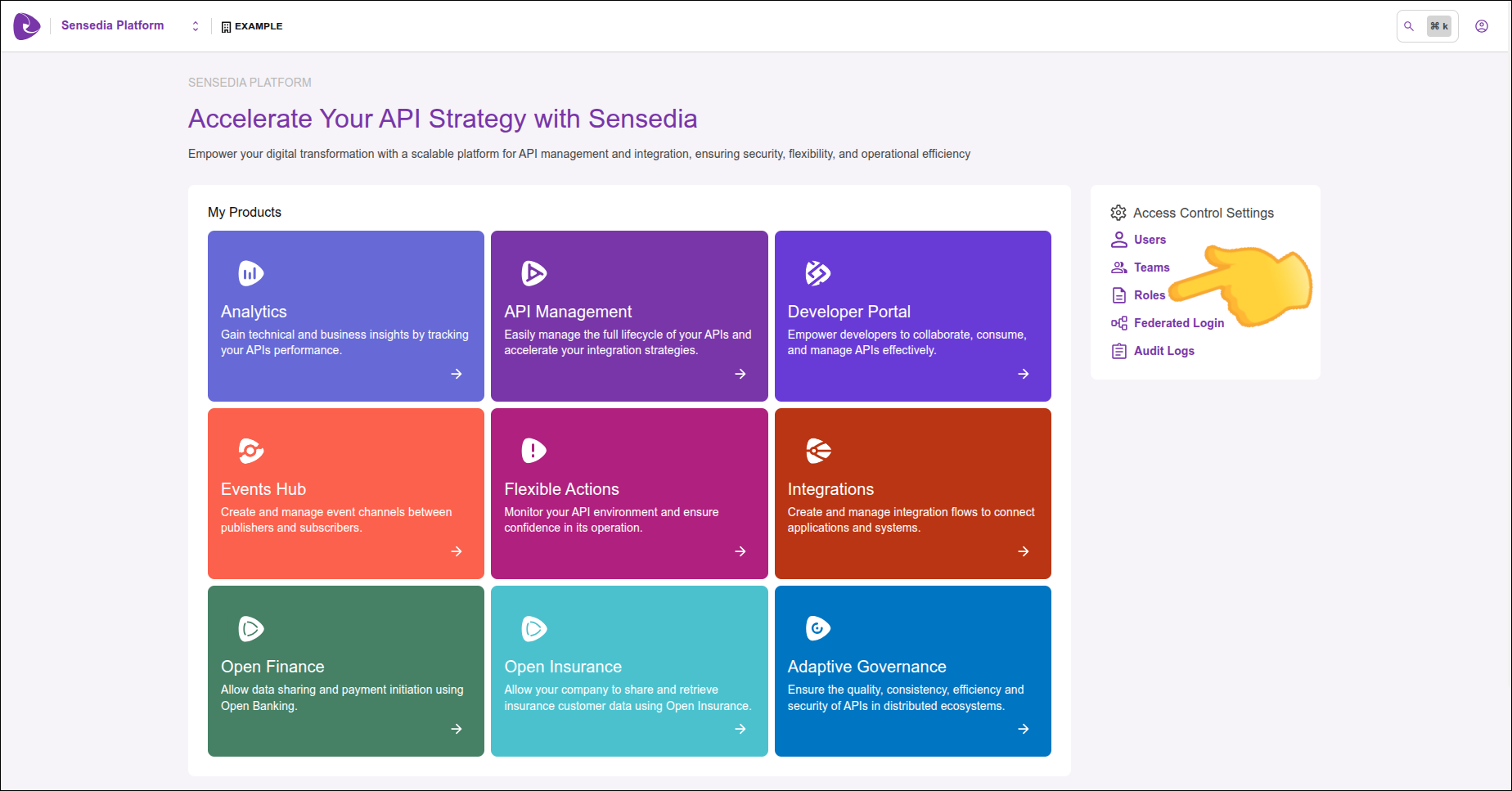 tela home com indicação para o menu roles