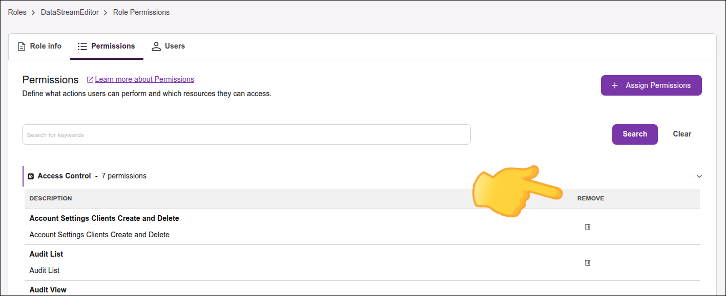 destaque para o ícone de lixeira na aba Permissions