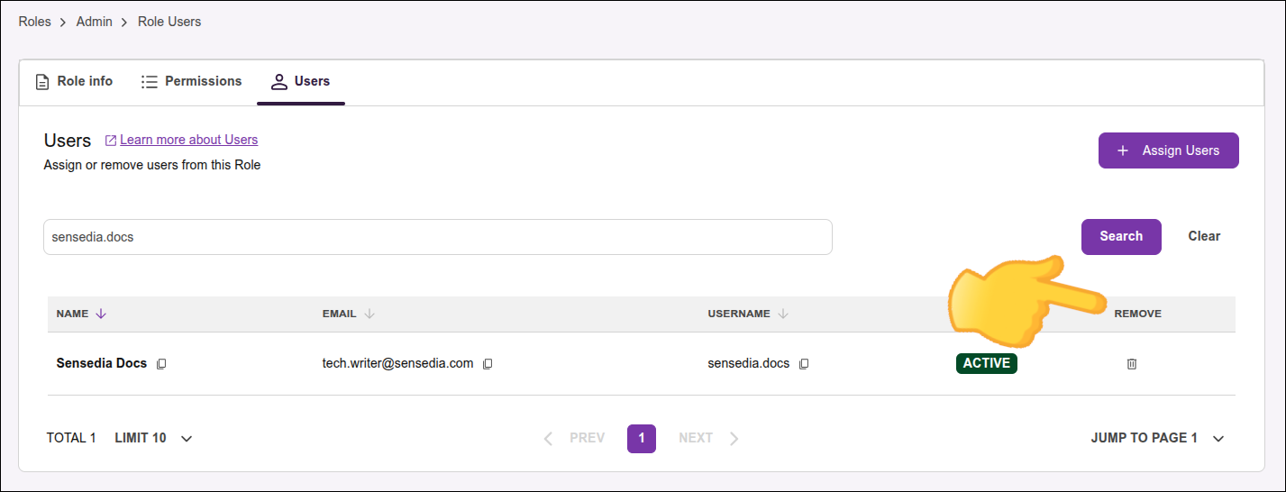 destaque para o ícone de lixeira na aba Users