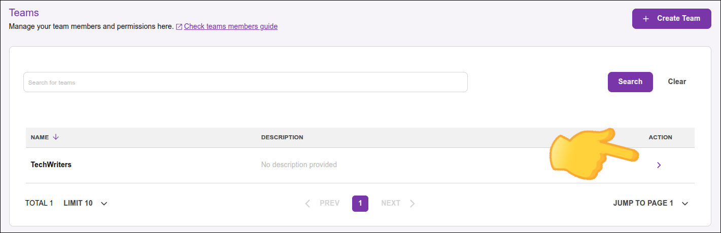 destaque para o botão Edit Team na tela Teams