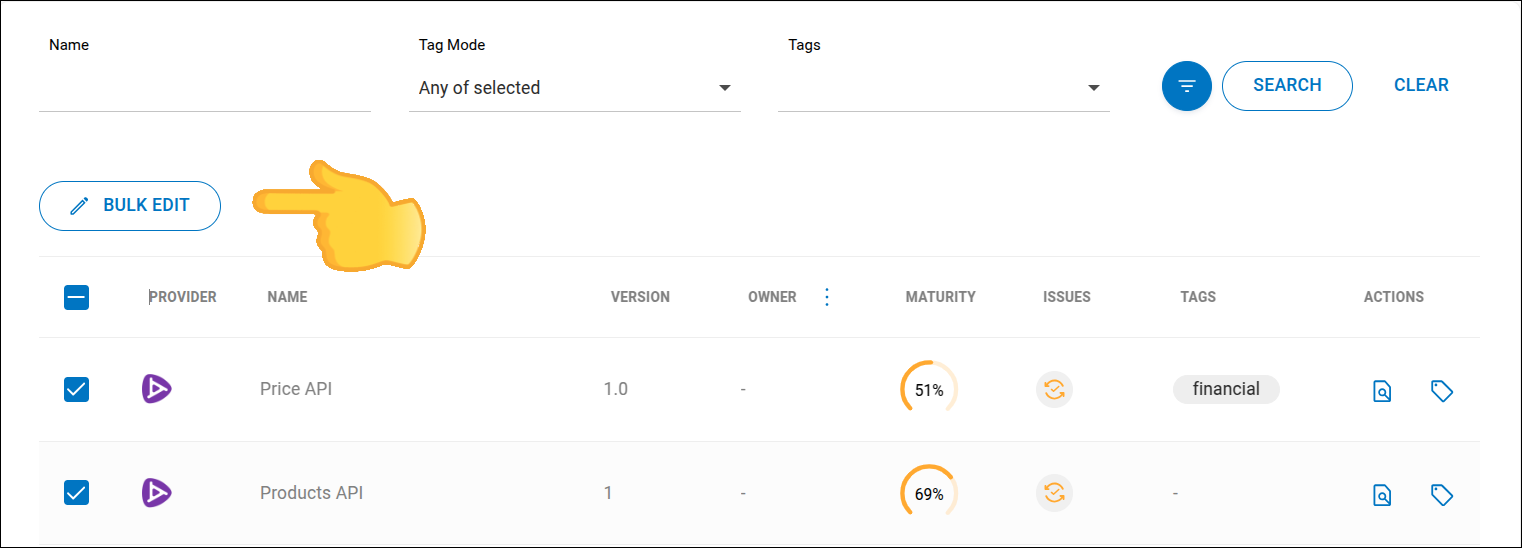 tela com a lista de APIs e a opção de edição em massa