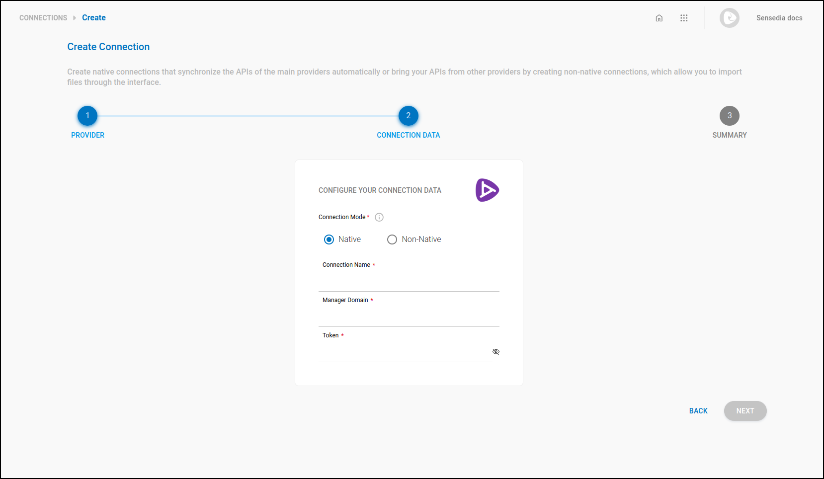 detalhe da tela de criação de conexão com a etapa 2 para gateways Sensedia