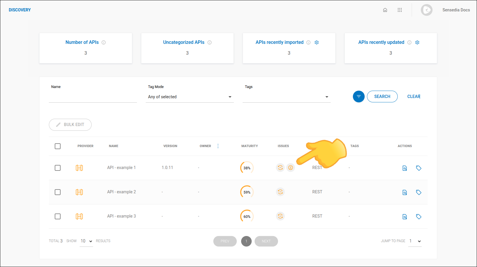 tela de Discovery com ícone de medidor na coluna ISSUES em destaque