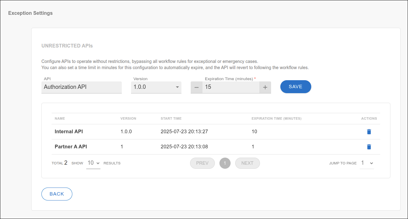 Tela de configuração de exceção