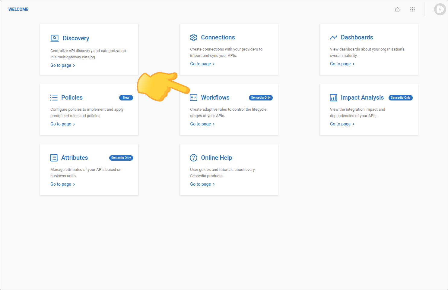 Tela inicial com o item Workflows destacado