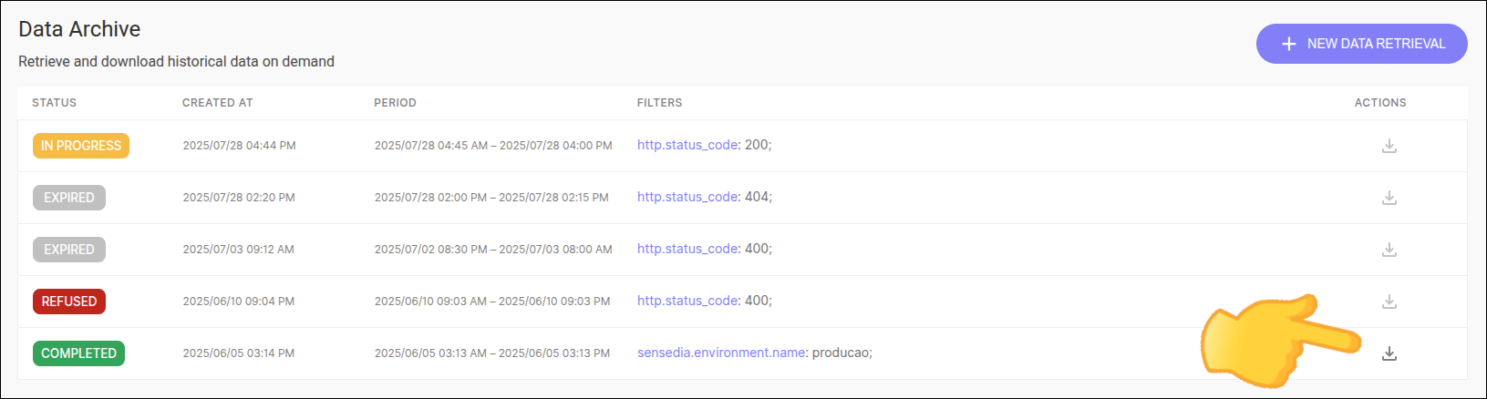 tela de data archive com destaque para o ícone de download do arquivo gerado