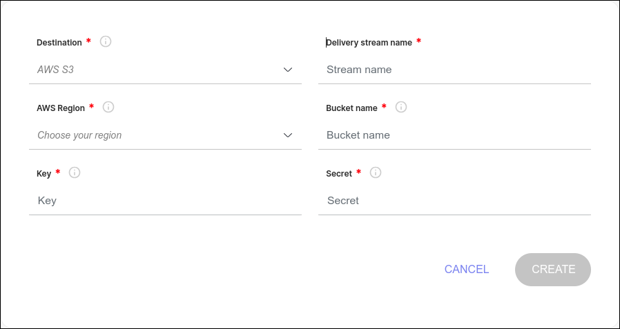 detalhe da tela de criação de streaming para aws